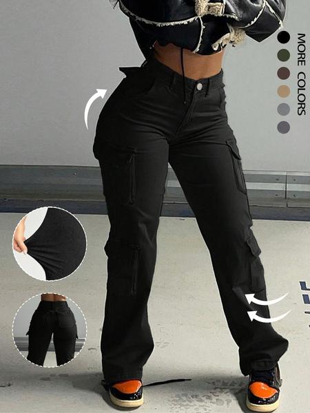 Women's Plain High-Waisted Cargo Pants with Pockets and Drawstring, Fashion Y2K K-Pop Style Streetwear Trousers for Daily Wear, Ladies' Baggy Pants for Fall & Winter