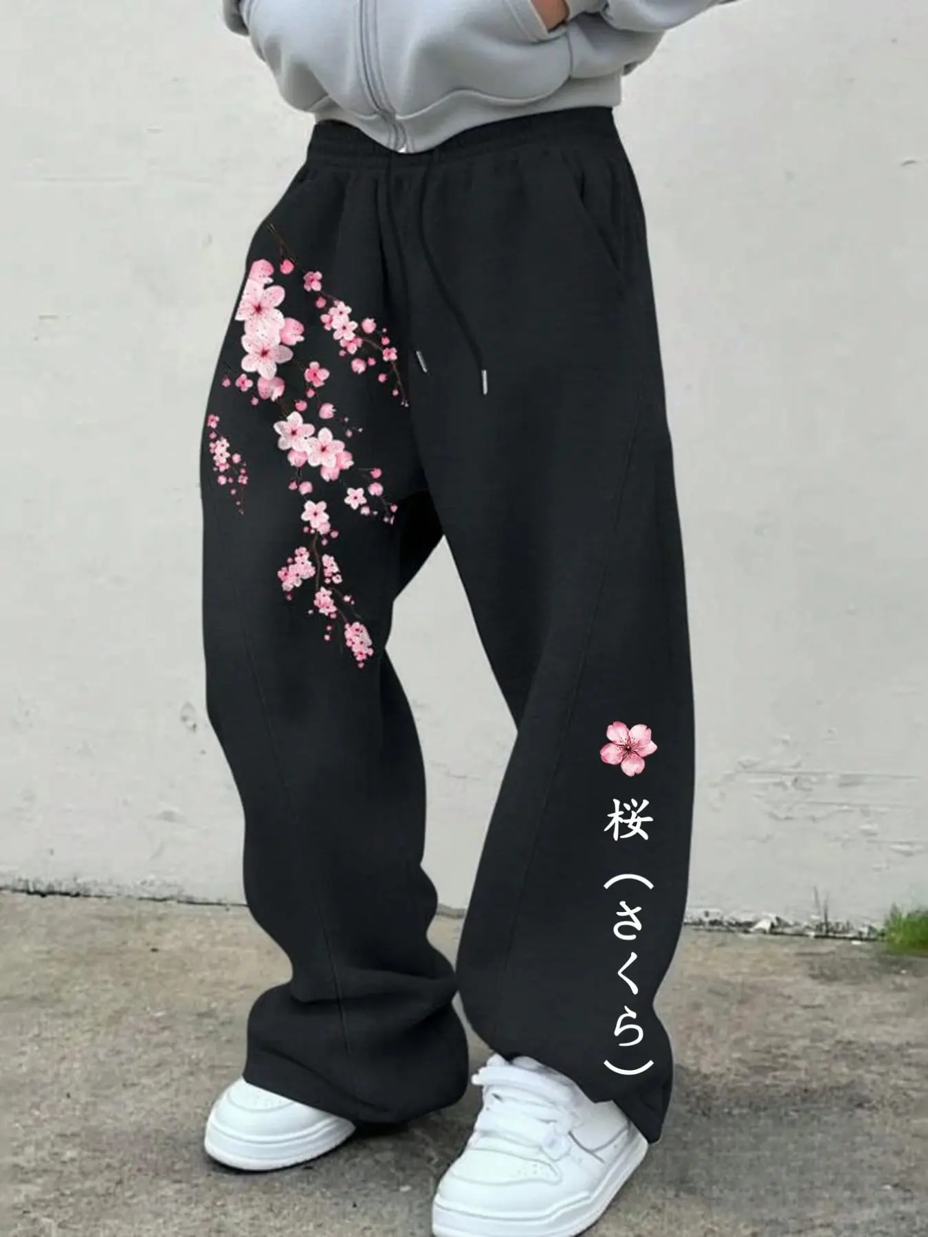 Lightweight Wide-Leg Sweatpants, Cherry Blossom Print, Elastic Waist, Breathable Fabric, Men's Casual Streetwear
