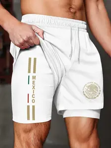 Men's Mexican Aztec Eagle Print Two-In-One Shorts, Quick-Dry Beach Swim Trunks, Loose-Fit Sportswear for All Seasons