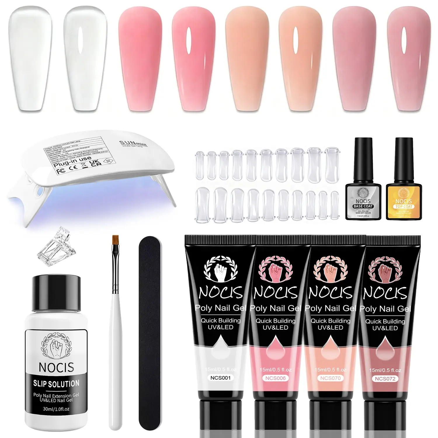 Nocis 4 Color Gel Extension Kit, Gel Kit With UV Light, 15g Tube, Transparent, Nude, Peach, Warm Nude, Complete Manicure Set with Mini UV Lamp, Base Coat, Top Coat, Cleaning Water, Extensions Mold, Accessories, Nail Gel Kit