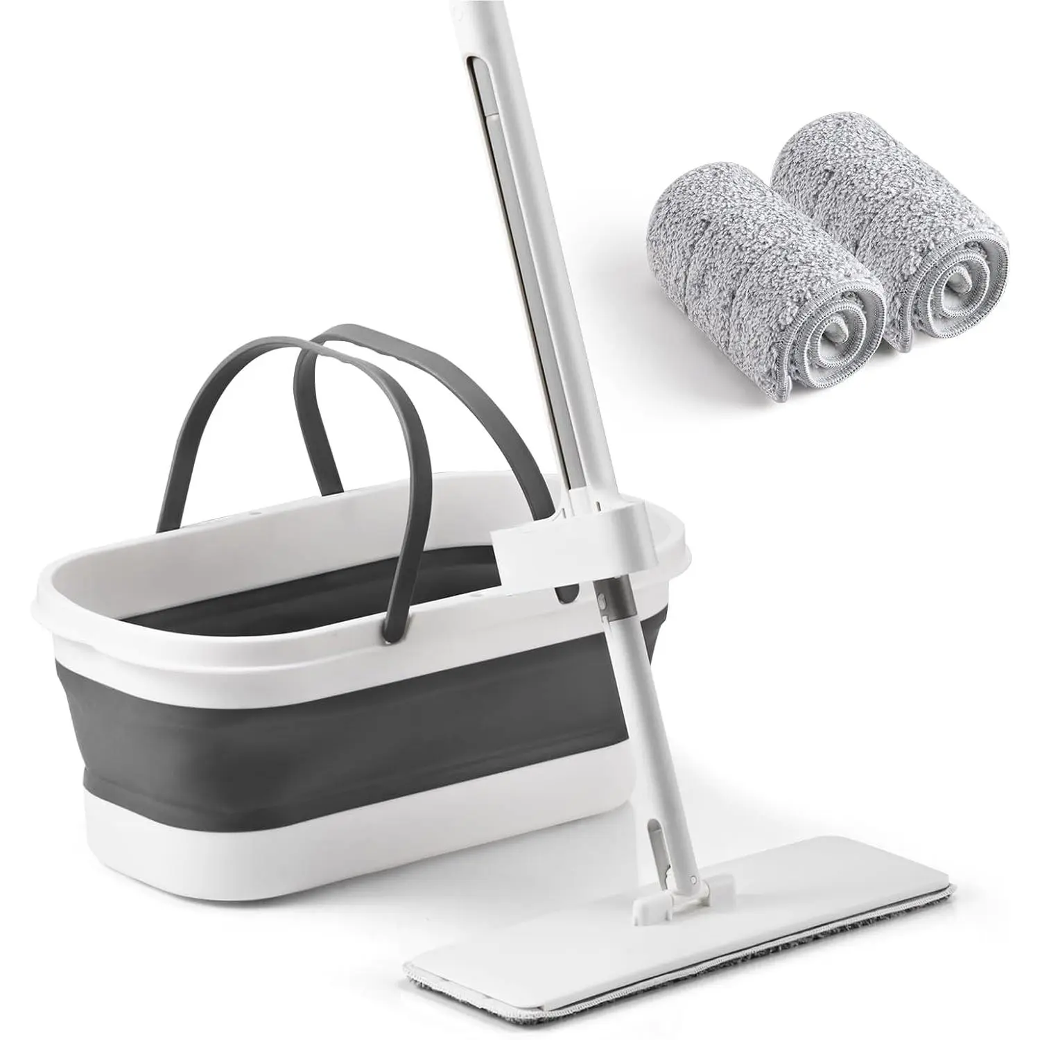 Oshang Flat Mop and Collapsible Bucket OG7 with Wheels, 2 Washable Reusable Microfiber Pads, Pure White, Microfibre Mops, Squeezing Type Mops