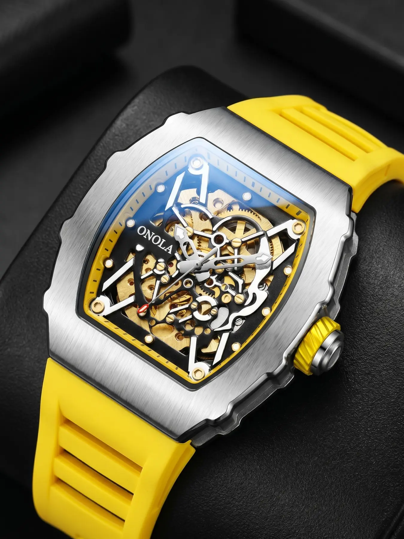ONOLA Luxury Tonneau Skeleton Automatic Mechanical Watch for Men, Hollow Gold Movement, Silver Metal Case Fashion Sport Wristwatch, No Battery Self-Winding