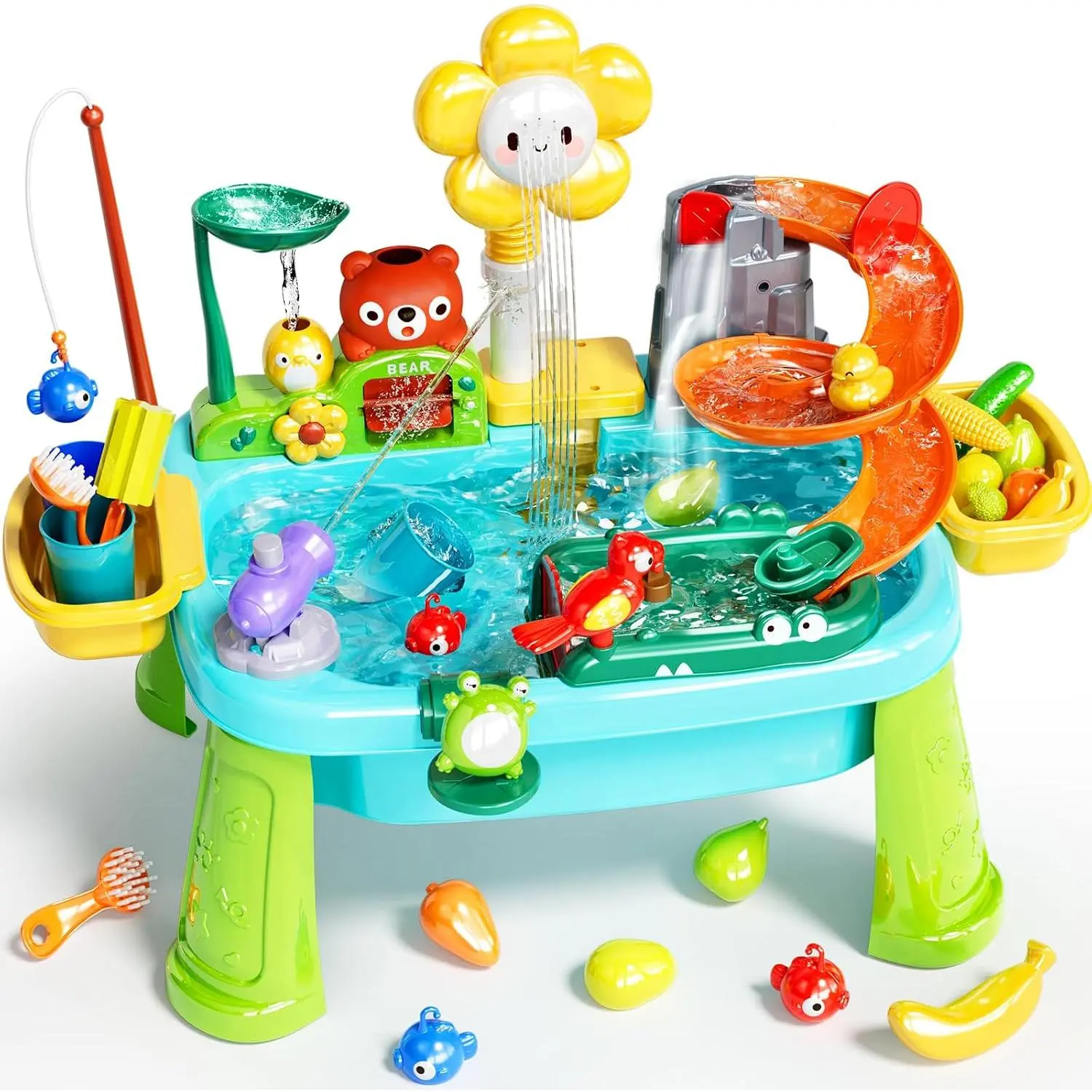 Water Table Play Sink Toys for Toddlers, Kids Play Kitchen Sink with Running Water, 360° Electric Faucet, Floating Fishing Game, Sensory Water Table Toys for Boys Girls Summer Gifts