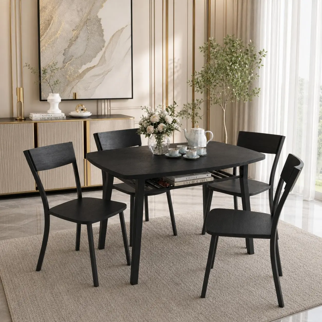 Space-Saving 5 Piece Dining Table Set for 4 – 43.3" MDF Table and Chairs with Built-in Storage Rack – Square Design – Trapezoid Backrest – Rounded Corners – Perfect for Apartments or Dining Rooms