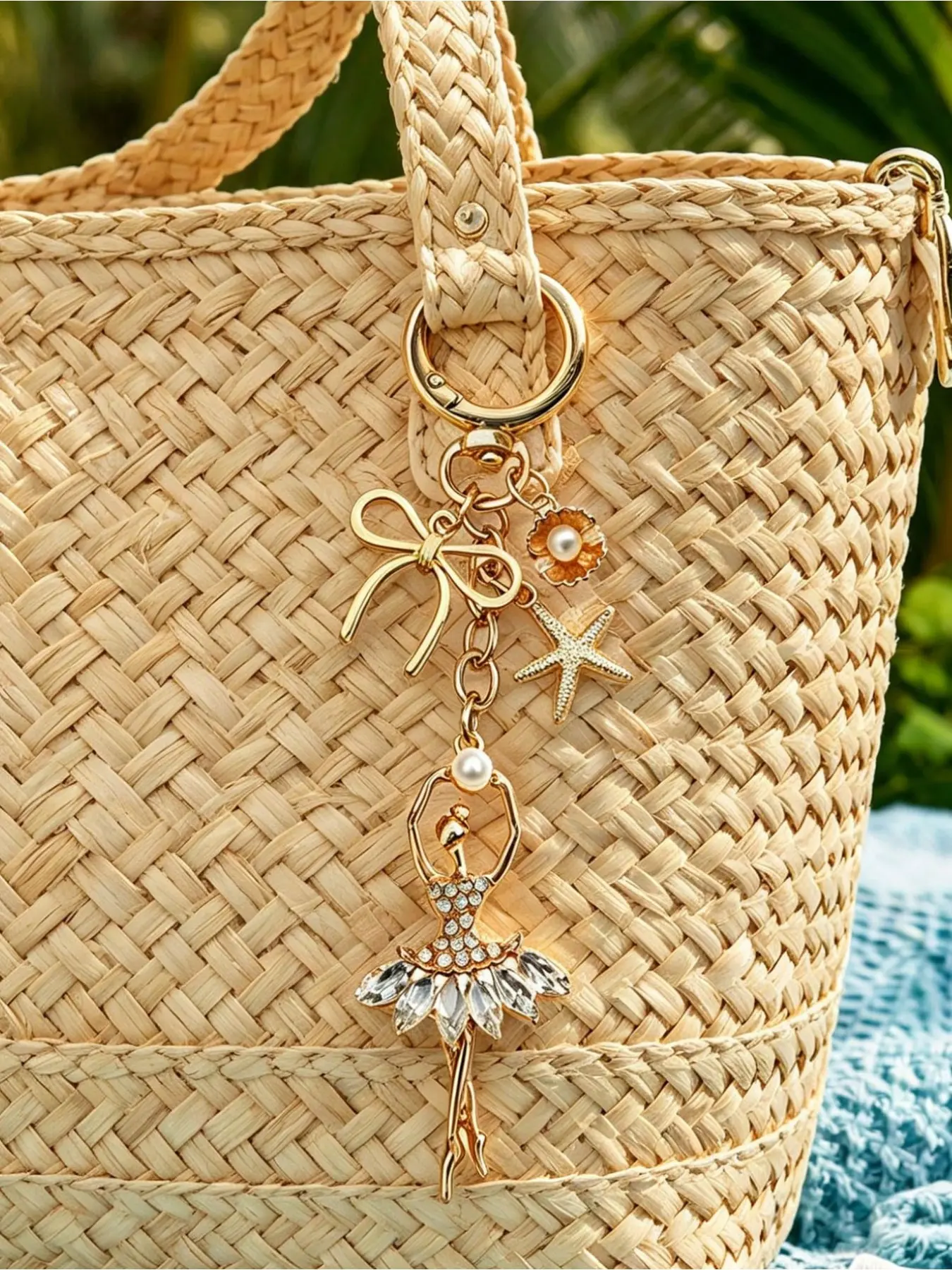 Elegant Ballet Keychain, Rhinestone Ballerina Bag Charm, Gold Bow Star Shell Pearl Pendant, Durable Alloy, Perfect for Dance Students