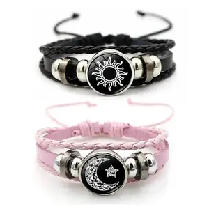 Vintage Punk Sun Moon PU Leather Couple Bracelets - Multi-Layer Woven Bead Chain with Extender, Glass Sheet Detail, Customization with Pictures, Individually Packaged Lovers' Party Jewelry Gift