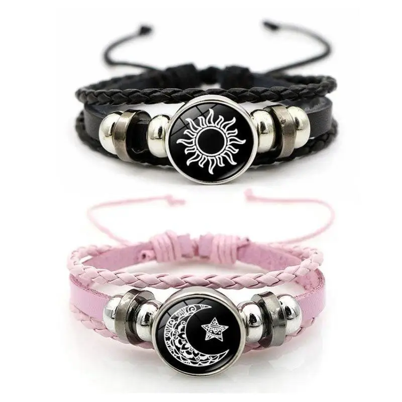 Vintage Punk Couple's Bracelet - Sun & Moon Multi-Layer Woven PU Leather Band with Beads, Adjustable 17cm+5cm, 13g/Piece, Customizable with Pictures & Glass Sheet, Individually Packaged Party Jewelry Gift