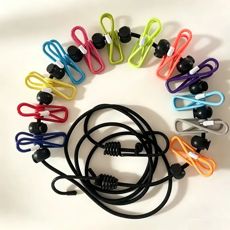 Portable Extendable Clothesline with 12 Colorful Rust-Resistant Clips, Windproof Anti-Slip Travel Clothesline for Camping, RV, Beach, Apartment, Dorm
