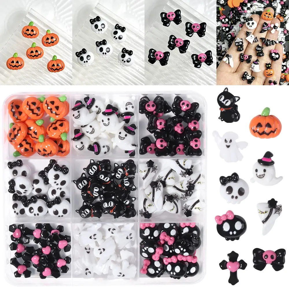 90 Pcs Halloween Nail Art Charms Set, 3D Resin Gothic Designs, Ghost Skull Cat Pumpkin Cross Bowtie, Nail Art Accessories for Women