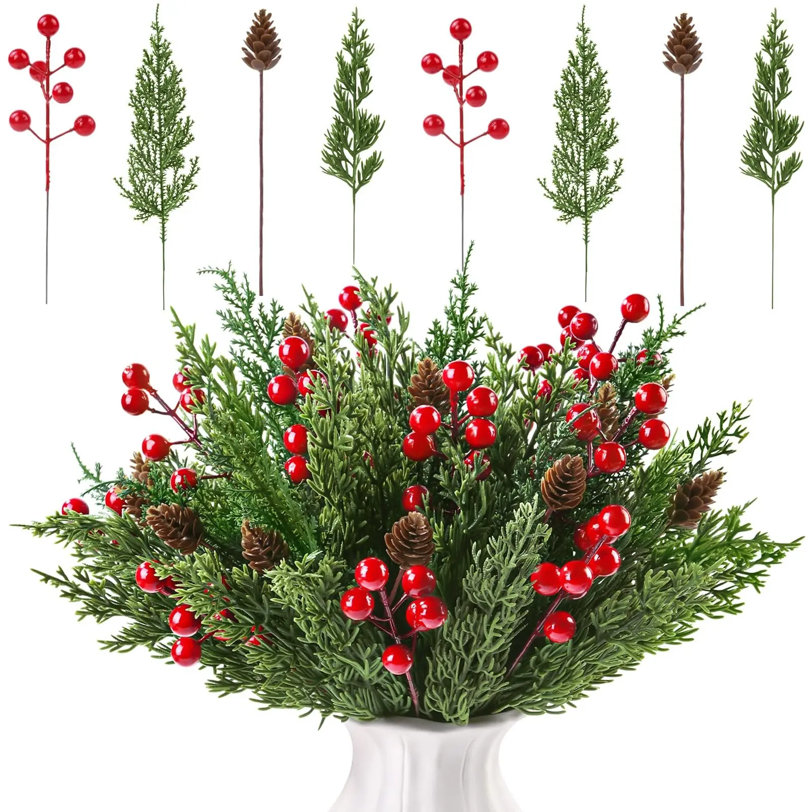 60 Pcs Christmas Artificial Mixed Pine Branches, Berry Stems, Pine Cones, Fake Foliage for DIY Craft, Garland, Wreath, Xmas Decor