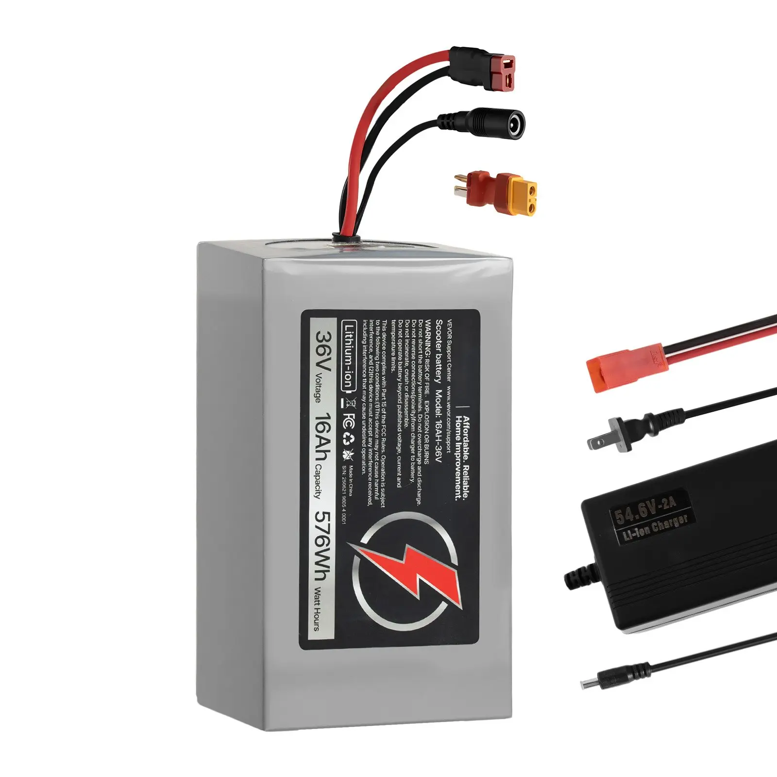 VEVOR 36V 16Ah Electric Scooter Battery, Waterproof Ebike Lithium Pack with 30A BMS, Charger, T-Plug Expansion Cable, Pure Nickel Strips, Fireproof Bracket, 500+ Cycles, Easy to Install, Compatible with 2880W Motors, for Electric Bikes & Scooters