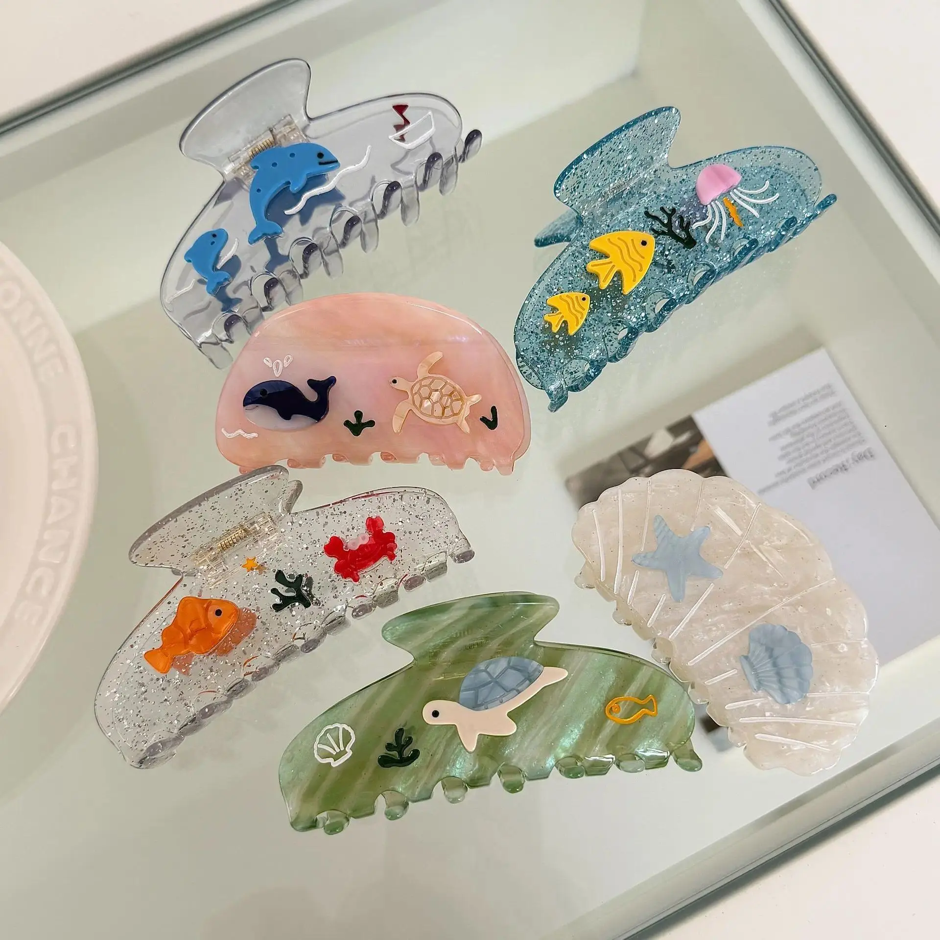 New Summer Beach Colorful Glitter Oean Animal Dolphin Turtle Fish Hair Claw Clips for Women