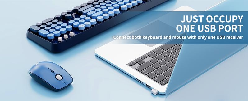Wireless Keyboard and Mouse Combo 2.4G Full Size Cute Colorful Mouse with 104 Round Keys Retro Typewriter Keyboard for Laptop Windows PC Blue Gradient