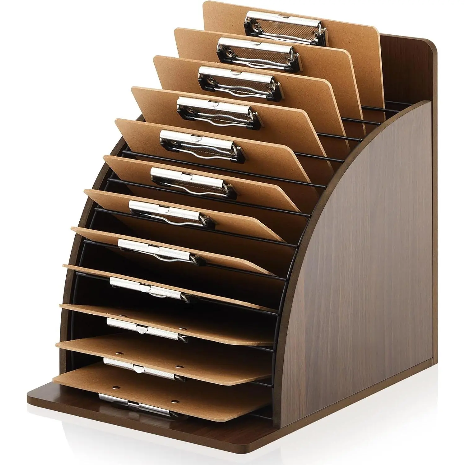 Wooden Clipboard Holder Storage Metal Rack with Raised Side Panel Clipboard Organization for Classroom Office School Teacher, Clip Boards Not Included (Walnut)