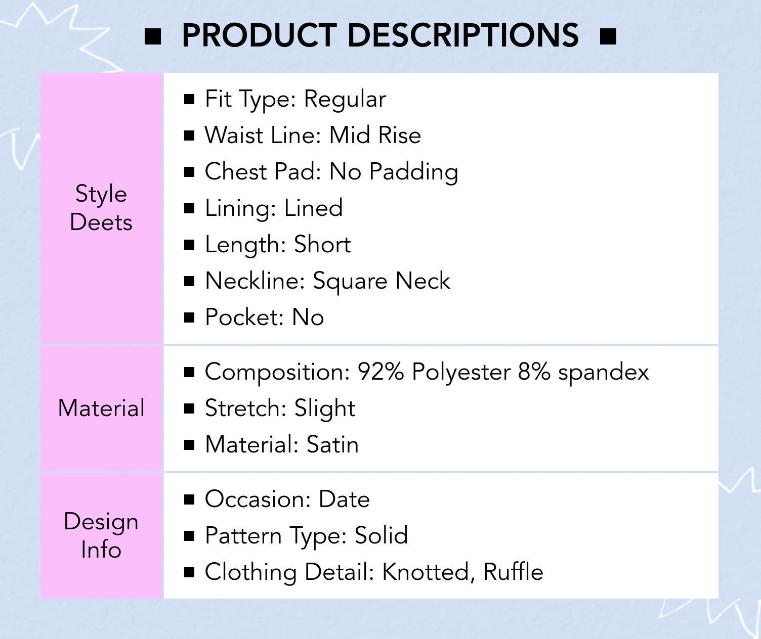 Cider [2 colors, size 0-10] Satin Square Neck Solid Ruffle Knotted Mini Dress