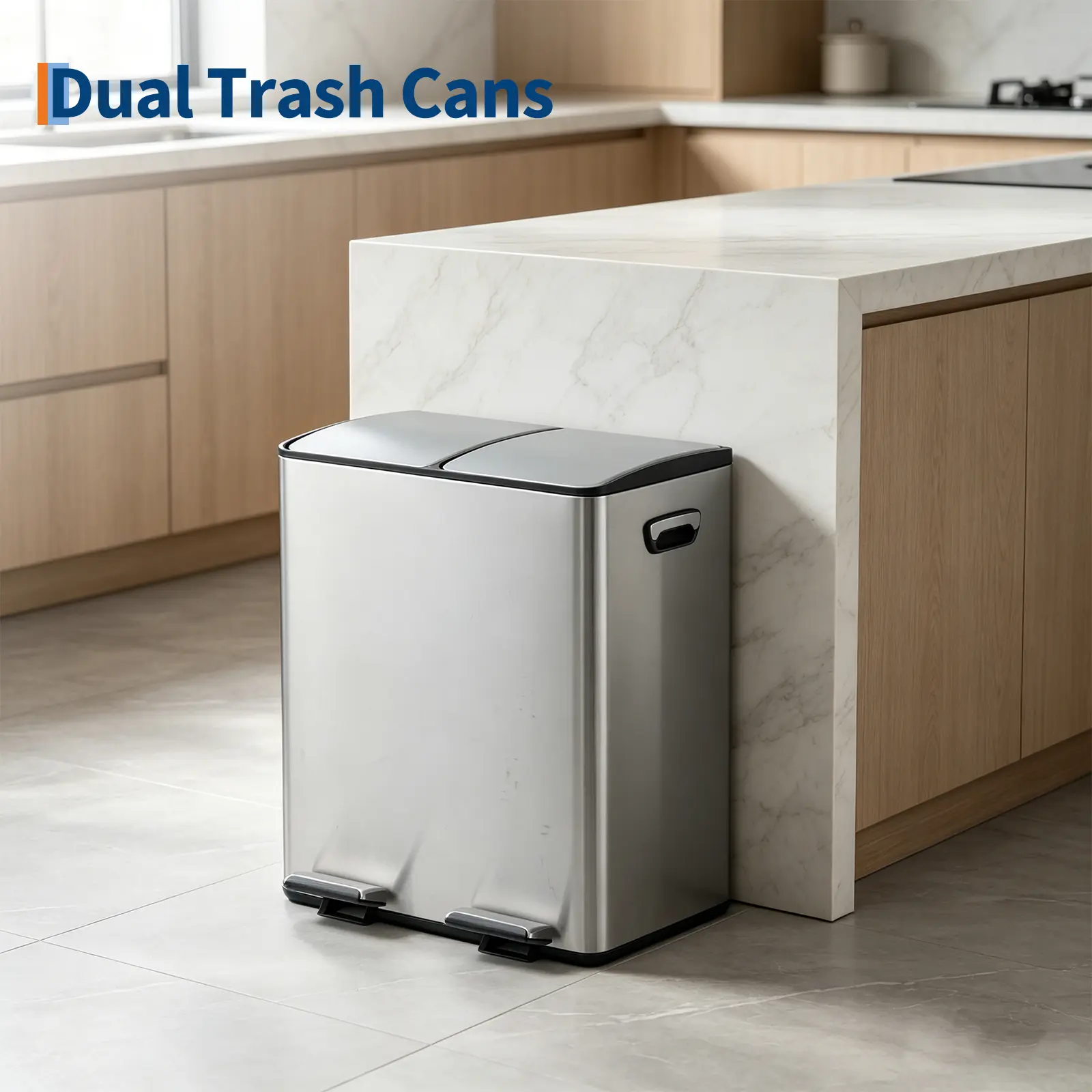 Modern 40L Dual-Compartment Stainless Steel Dual Trash and Recycling Bin, 2x20L Separate Zones, Soft-Close Lid, Removable Inner Buckets, Non-Slip Pedal, Space-Saving Kitchen Trash Can with Lid for Kitchen/Office, Dual Trash And Recycling Bins For Kitchen,