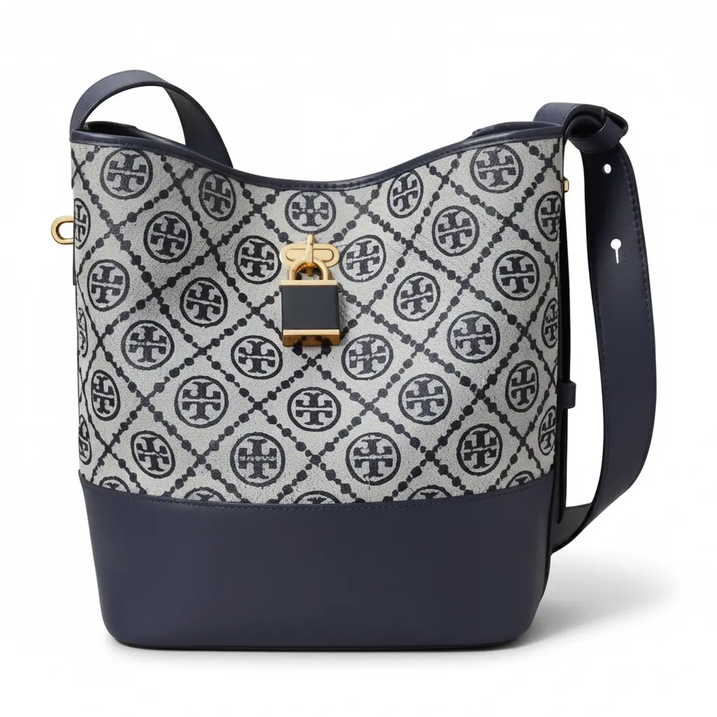 Tory Burch T Monogram Medium Bucket Bag for Women – Crossbody Style in Navy Blue