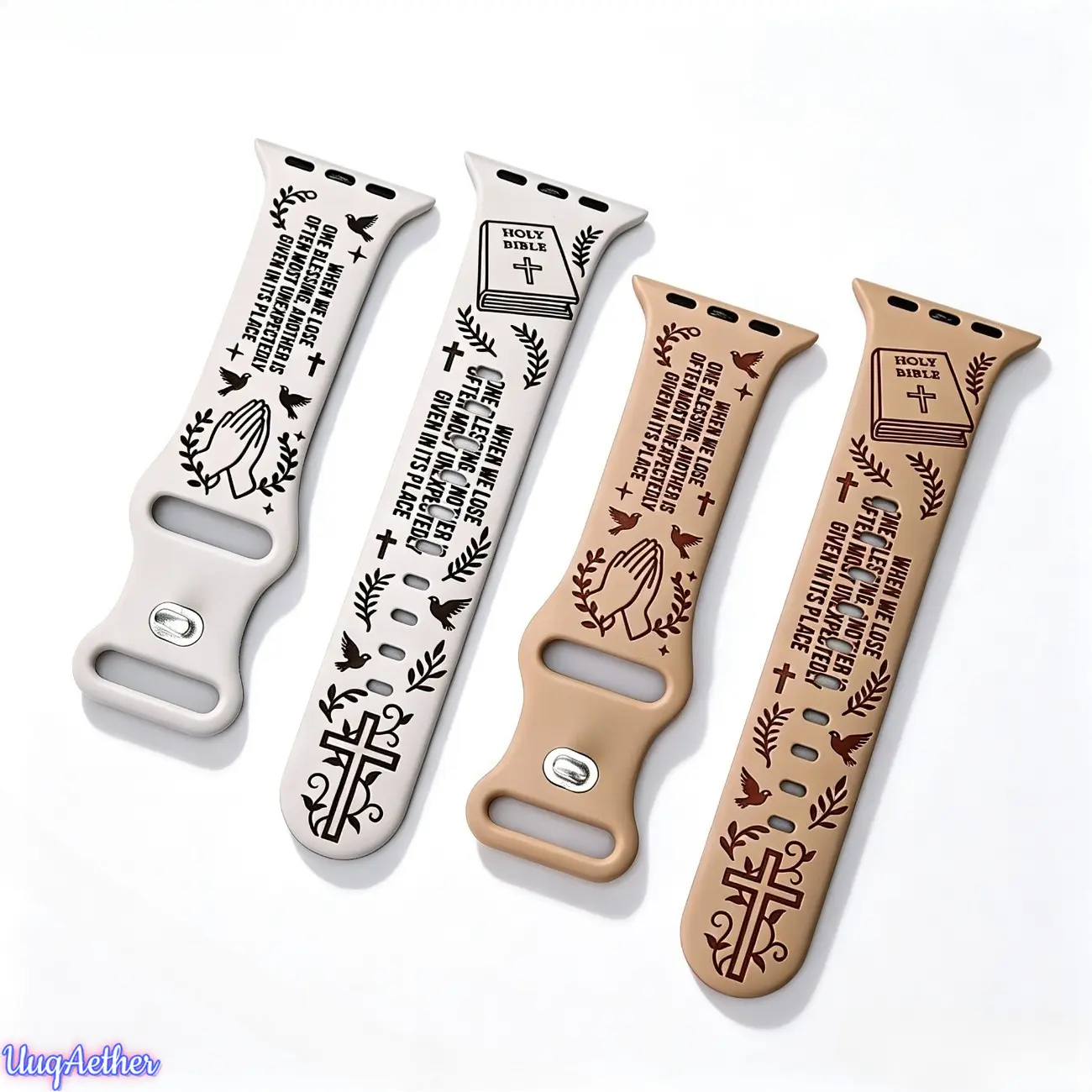 Religious-themed adjustable silicone smartwatch replacement band featuring a laser-engraved Bible cross design; compatible with 38/40/41/42/44/45/46/49mm smartwatches.