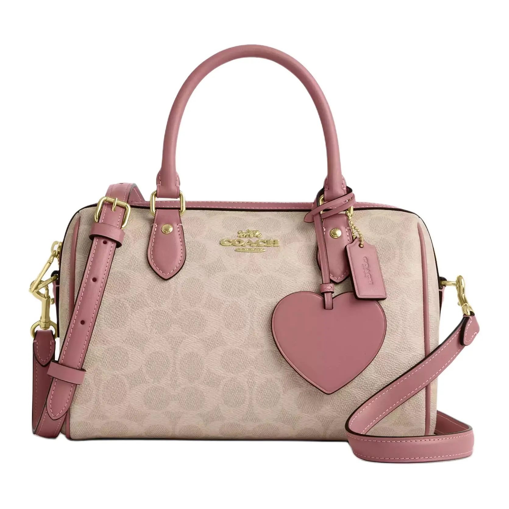 COACH Valentine's Limited Rowan Satchel 25 for Women – Signature Canvas and Smooth Leather, Tan and Pink