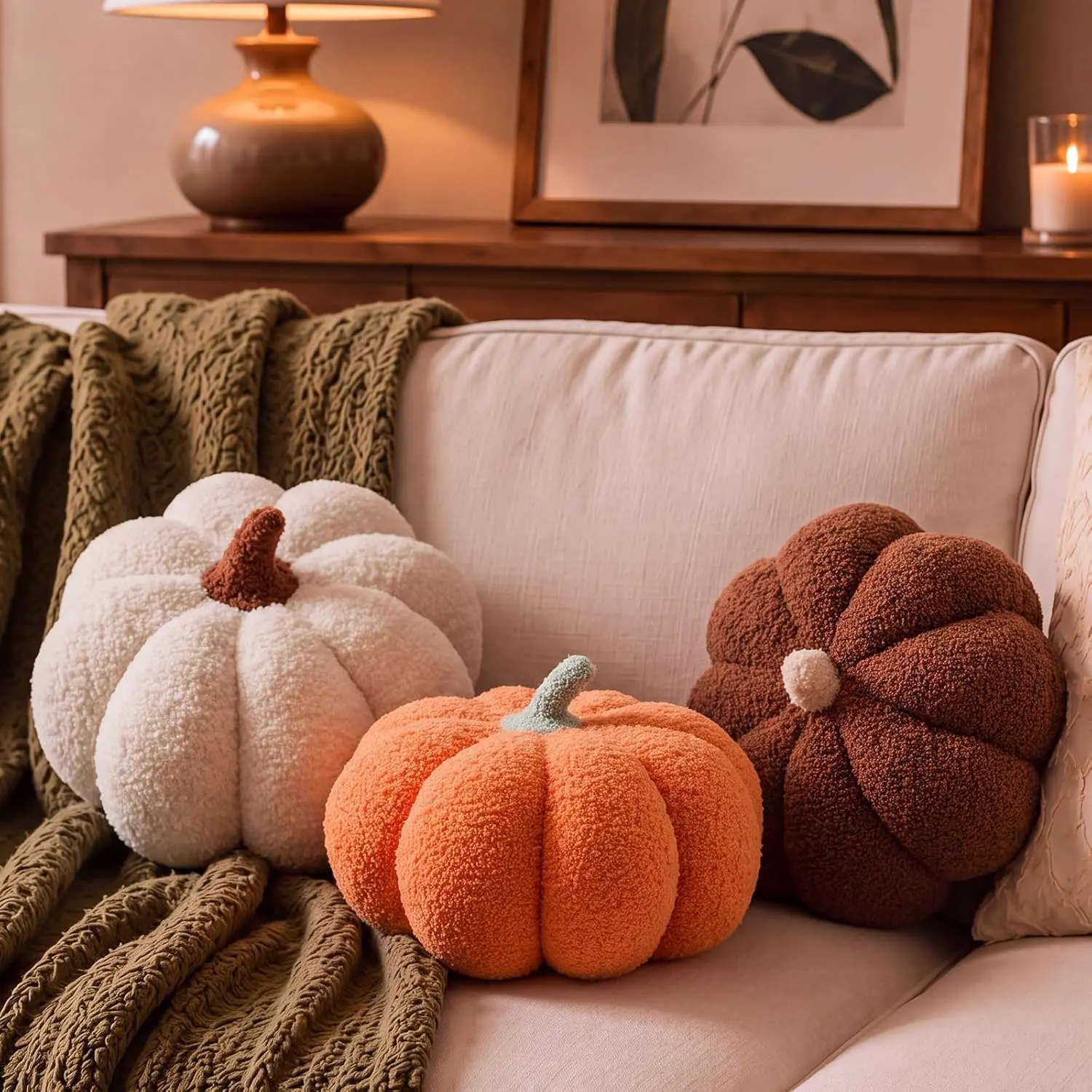 3 Pieces Pumpkin Pillow Plush 3D Simulated Pumpkin Pillow Toy for Fall Thanksgiving Halloween Decor Cushion Bedroom Sofa Couch Supplies (White,Orange,Brown)
