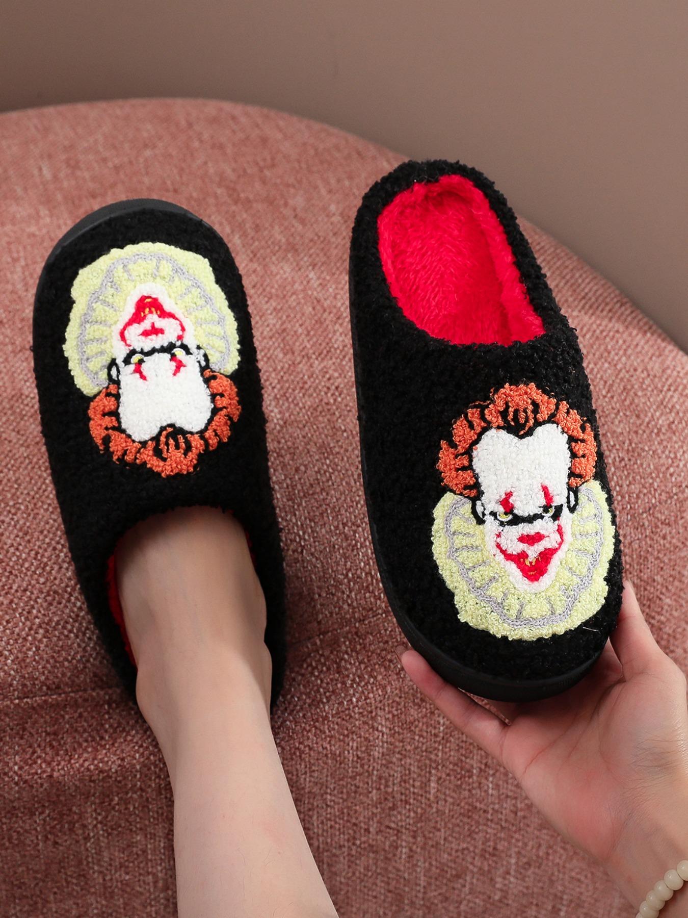 Plush Slippers with Scary Clown Embroidery, Home Slippers, Soft Comfortable Indoor Shoes for Men and Women, Perfect for Fall Halloween Gift, Footwear