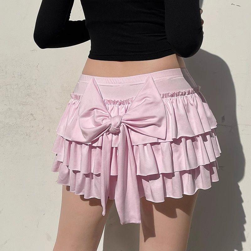Pink Cake Skirt With Bow Back Butt A- Line Mini Skirt For Women Low Waist Autumn Winter Anti-Aging Versatile Polyester Fa..
