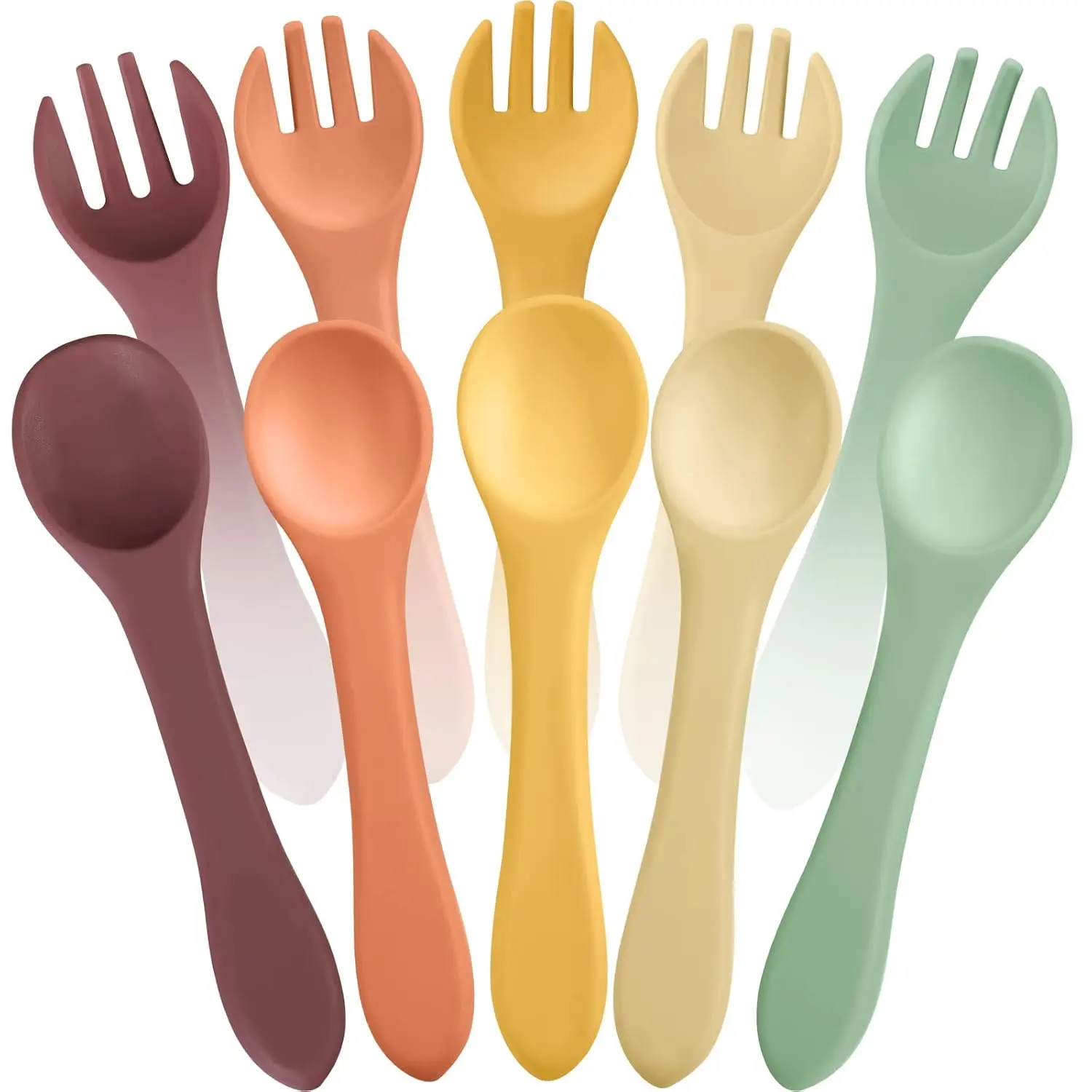 10 Pieces Baby Led Weaning Spoons and ks Set Infant Silicone Spoon First Self Feed Baby training Utensils  Toddler First Stage Feeding Supplies  Kids Over 6 Months, 5 Pairs (Classic Colors)