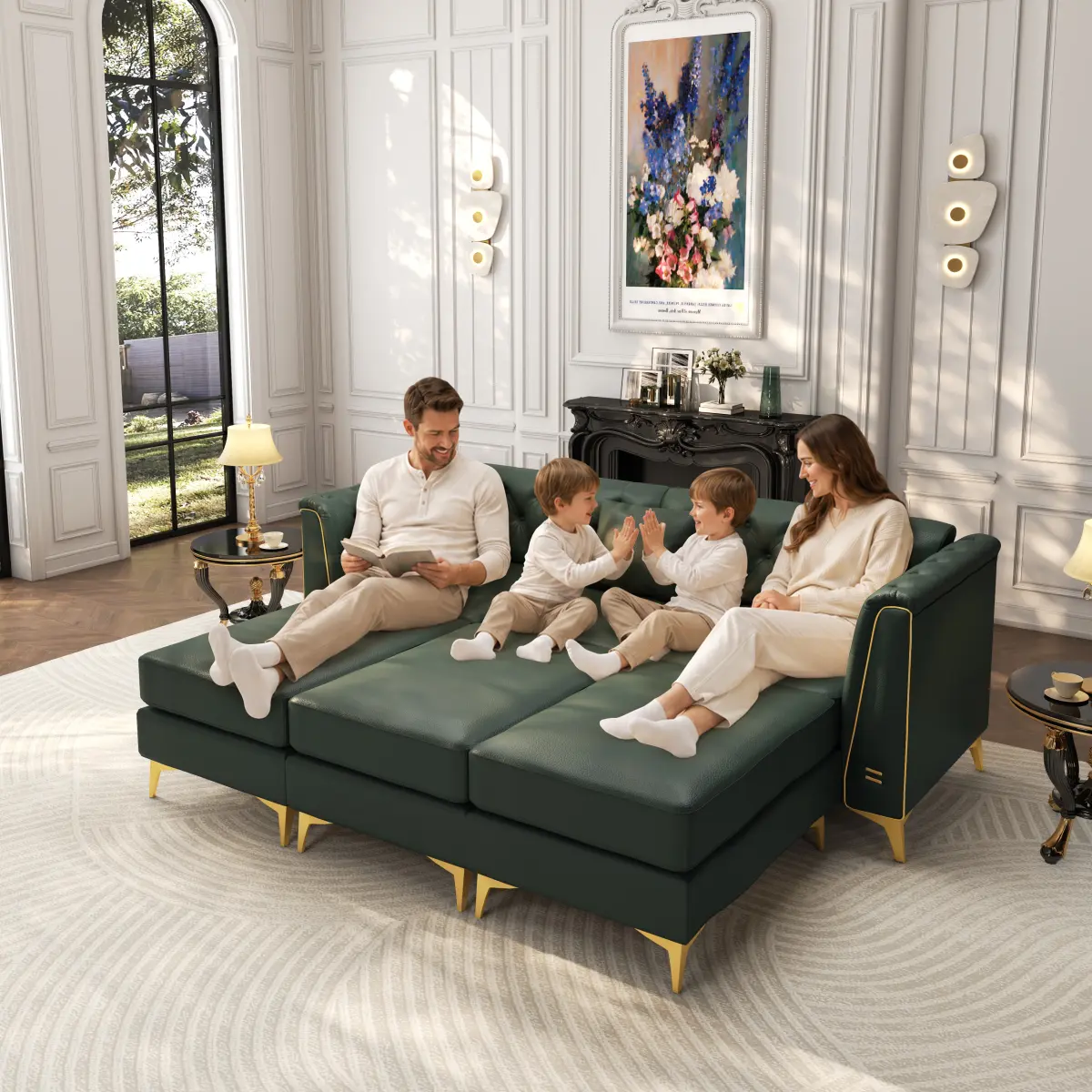 AobtkelLight Luxury Modular Chesterfield Sofa, Faux Leather Couch with Handmade Button Tufted, Metal Trim Armrests & Thin Metal Legs, Includes 6 Pillows for Living Room, Apartment,Green