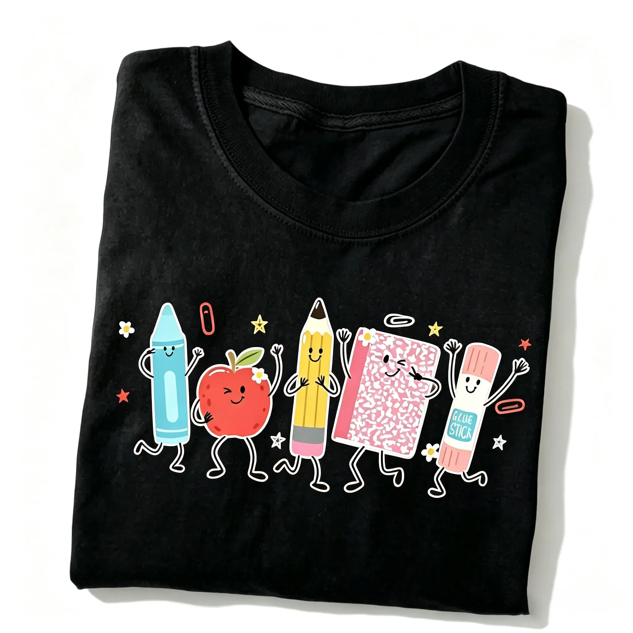 BOLDGUY Cute School Supplies Shirt, Back To School Teacher Shirt, Crayon Pencil Notebook Graphic Tee, Kindergarten Teacher Gift