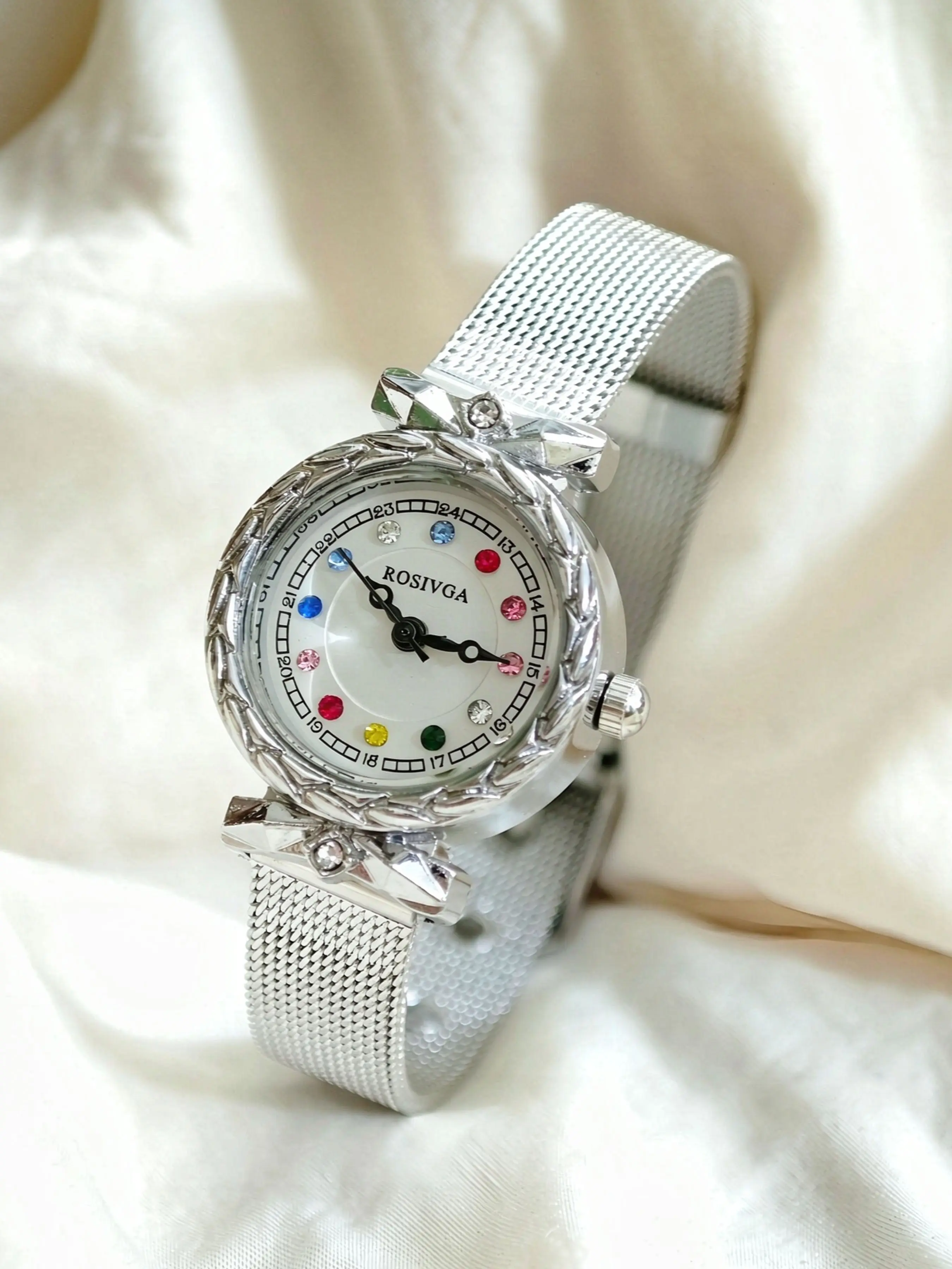 Luxury Round Multicolor Diamond Women's Watch, Fashion New Arrival Mesh Band Quartz Watch, High Aesthetic Chain Small Dial Student Watch