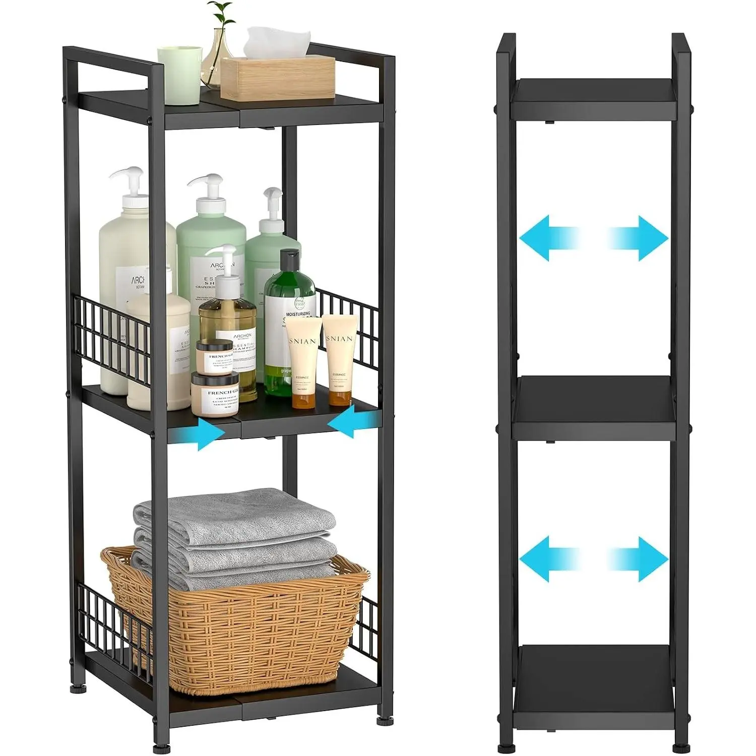 3-Tier Metal Shelving Unit, Expandable, Free-Standing, Narrow, Open Floor Shelves, Ideal for Bathroom, Kitchen, Laundry, Storage, Organization