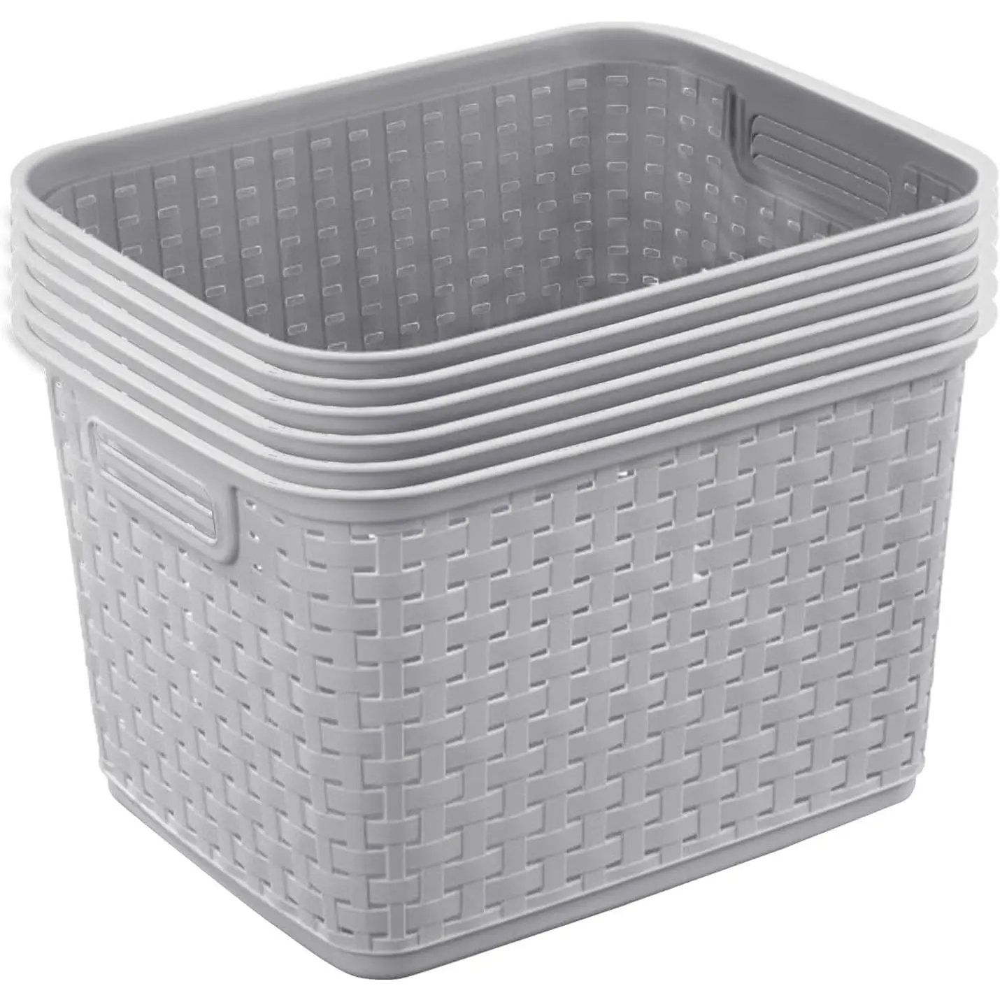 Tall Weave Basket, Rectangular Plastic Décor Bin, Gray, 6 Pack | Multi-Purpose and Decorative Organizer for Clothes, Shelves, Closets, Pantries, Living Rooms or Offices