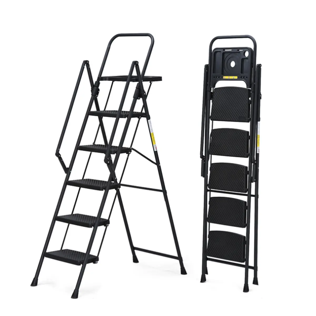 5-step ladder, foldable step stool with tool tray and wide non slip pedals, sturdy steel ladder, convenient handrails, lightweight portable steel step stool