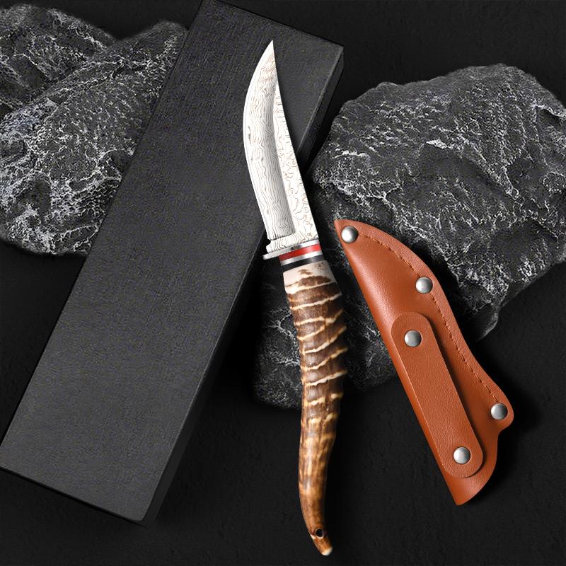 Damascus Pattern Multi-functional Knife with Antler - Mimic Handle, Outdoor Camping Knife with Sheath Cover, Great Kitchen Helper and Prefect Gift for Holiday