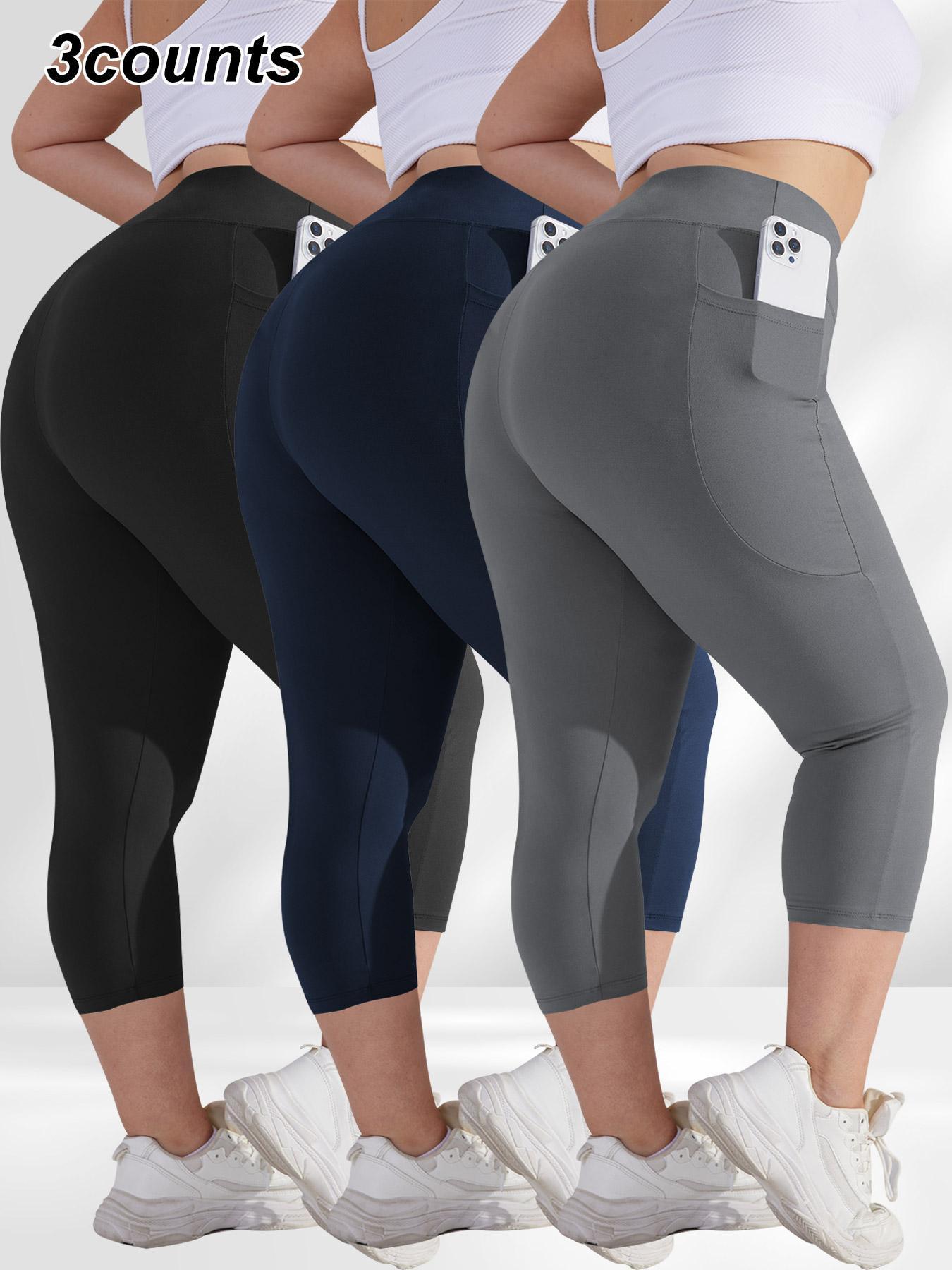 [Plus Size] Solid Color Pocket Skinny Capri Leggings, Casual Comfy Breathable High Waist Capri Leggings for Daily Wear, Women's Bottoms for Summer, Womenswear