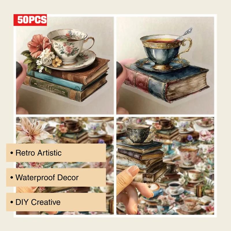 50pcs Retro Artistic Coffee Watercolor Tea Cup Old Book Floral Transparent PET Material Graffiti Stickers Suitable for Suitcases, Phone Cases, Laptops, Helmets, Skateboards Waterproof Decoration DIY Creative Stickers