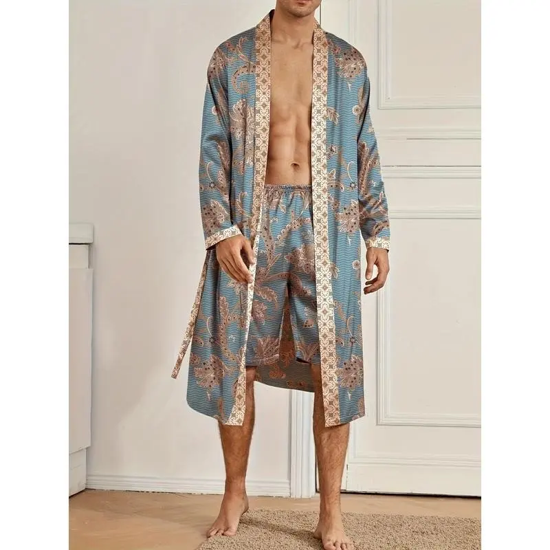 Men'sSleepRobe,ElegantAndLightLuxuryPajamasSet,StylishGorgeousFloralPrint,V-neckLongSleeveSleepRobeAndShorts,SleepWearRobeSetForHomeWear