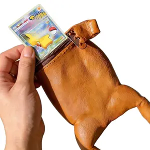 Cute Animal Shaped Leather Zipper Card Storage Pouch, Vintage Cowhide Texture, Portable Trading Card Organizer, Gift for Tcg Collectors