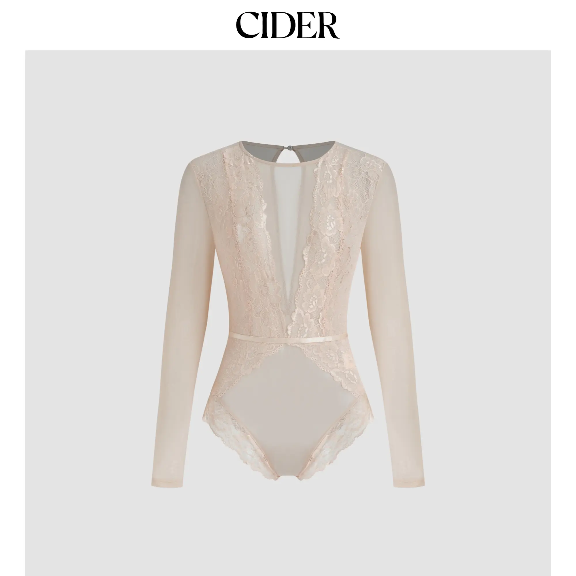 Cider [3 colors, size 2-26] Round Neckline Solid Lace See-through Bodysuit