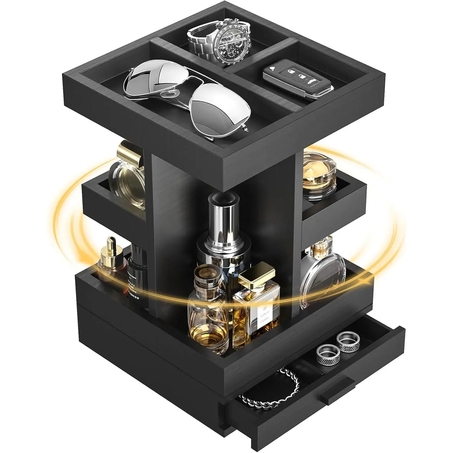 Rotating Cologne Organizer for Men, 3 Tier Wooden Stand with Drawer | 360 Spinning Perfume Holder, Large Capacity Modern Men's  Tray & Dresser Organizer, Sleek Matte Black  Construction