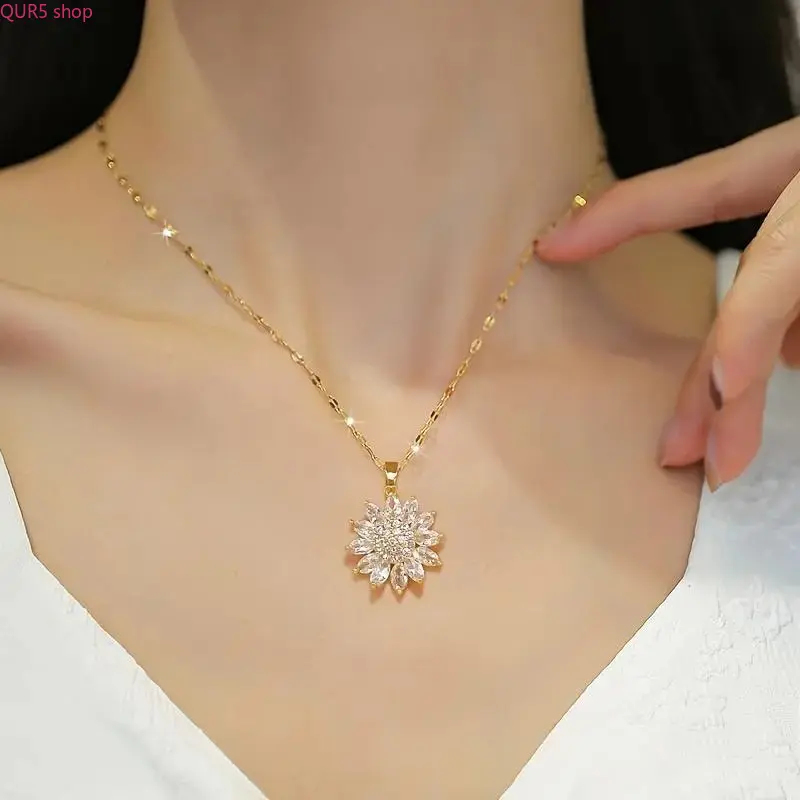 2026 Summer Vibes Sunflower Zircon Pendant Necklace For Women, Titanium Copper Sweater Chain Inlaid Cubic Zirconia, Elegant Casual Jewelry Gifts For Daily, Sports And Outdoor Styling