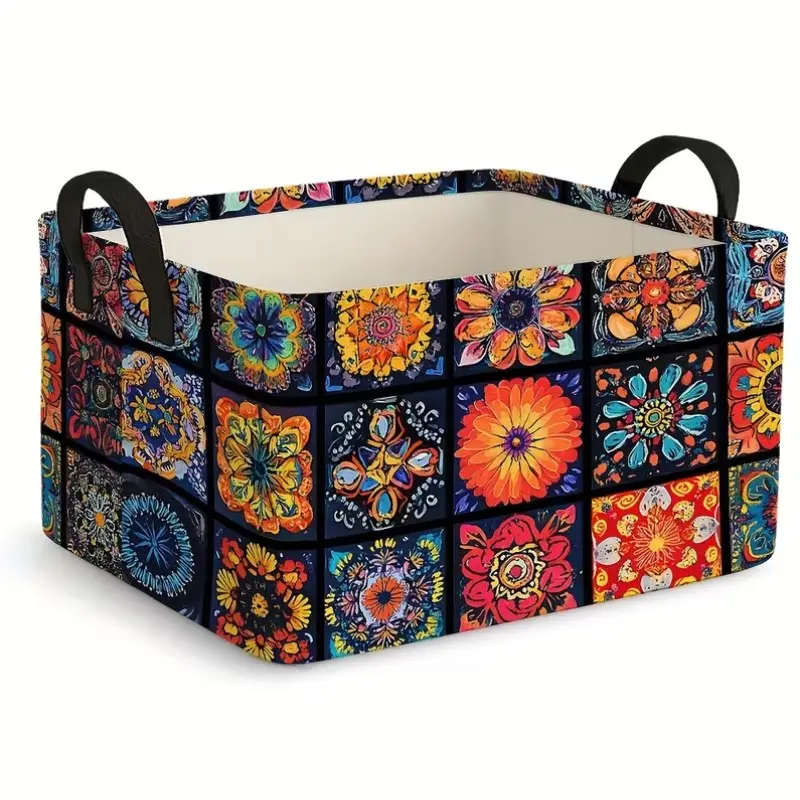 1pc Large Bohemian Foldable Storage Basket with Collage Patterns - Oversized Rectangular Fabric Box Suitable for Clothes,, Blankets, & Home Organization, Foldable Basket with Sturdy Handles for Gift Organizer Decor