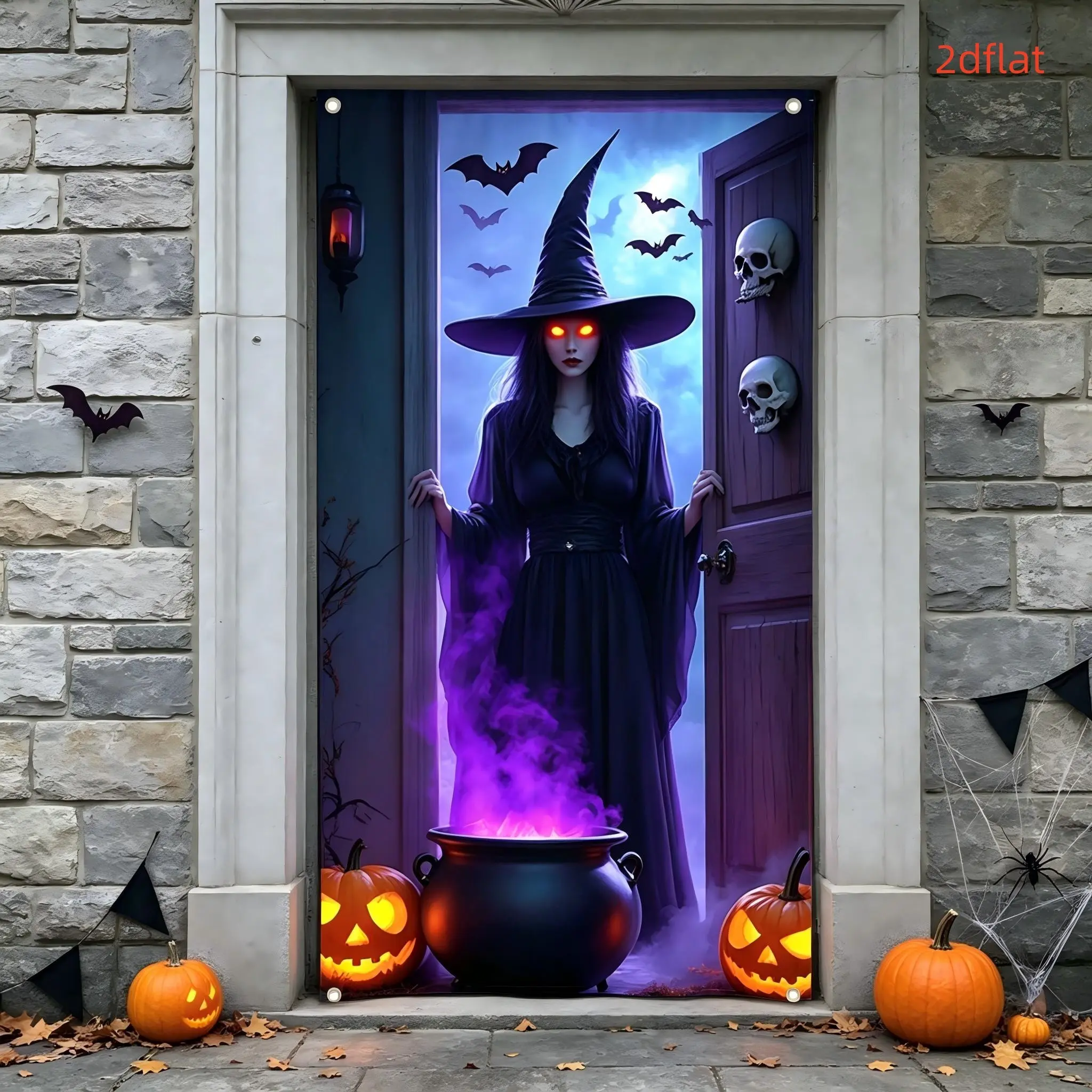 Halloween Dark Witch Door Curtain, Smoke Magic Cauldron Bat Pumpkin Moon Night Background Cloth, Spooky Party Decoration