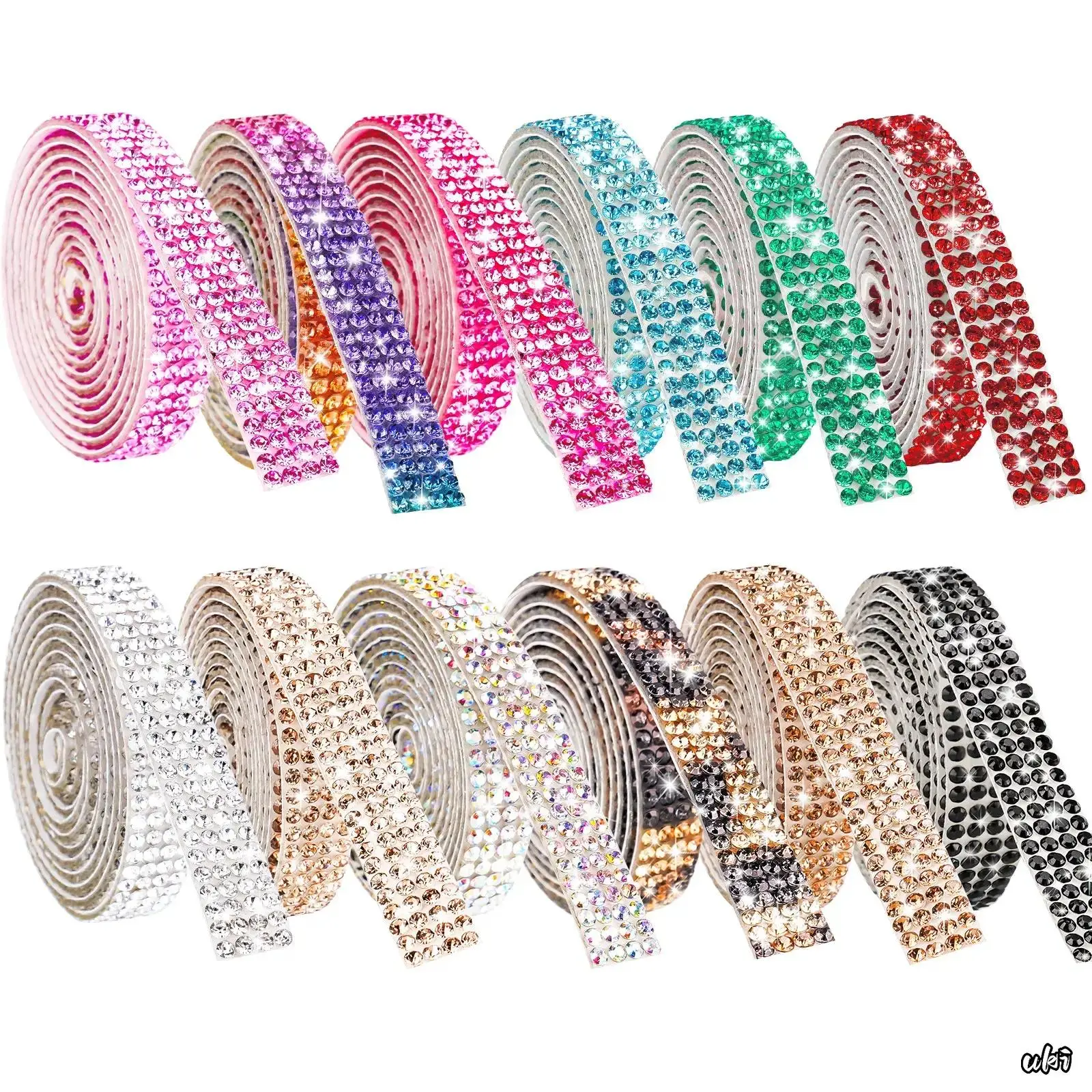 Sparkling Rhinestone Ribbon, 12 Rolls of Self-Adhesive Glass Gem Tape in Rainbow & Multi-Color for DIY Crafts, Shoes & Laptops, Chairs, Cups, Weddings, Party Decorations, Diy Decoration, Cell Phones, Gift Wrapping, Phone Chargers, Halloween, Christmas, Gl