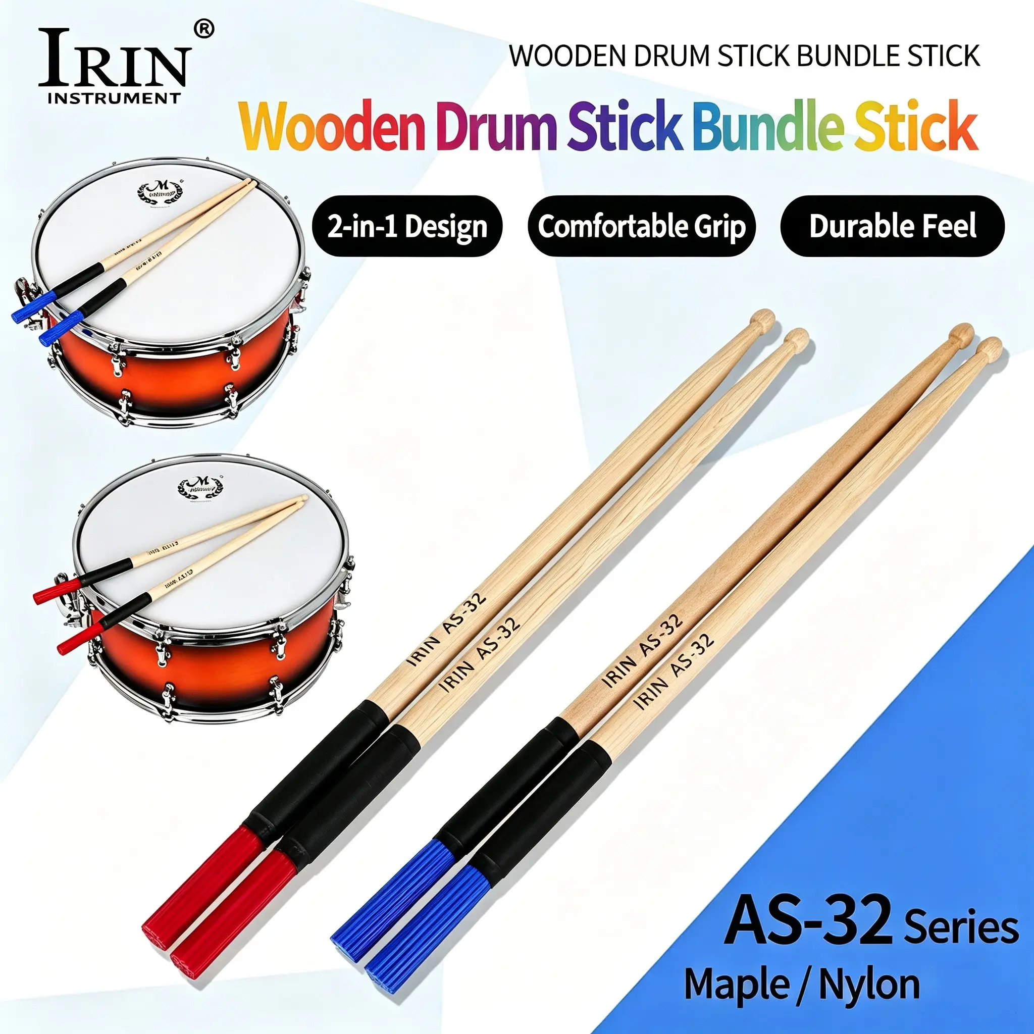 Irin As-32 Drumsticks Set, Maple Wood Water Drop Head, Detachable High Carbon Nylon Brush, Non-Slip Handle, Ideal for Beginners and Bands