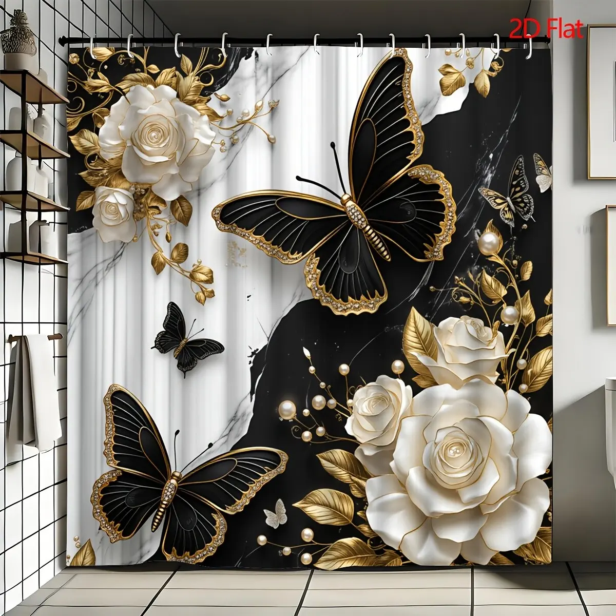 Fashionable Marble Butterfly Bath Curtain Set, Shower Curtain, 4-Piece Bathroom Decor Kit, Non-Slip Rug, U-Shaped Carpet, Toilet Seat Cover, 70.87x70.87 Inches, 12 Durable Hooks Included