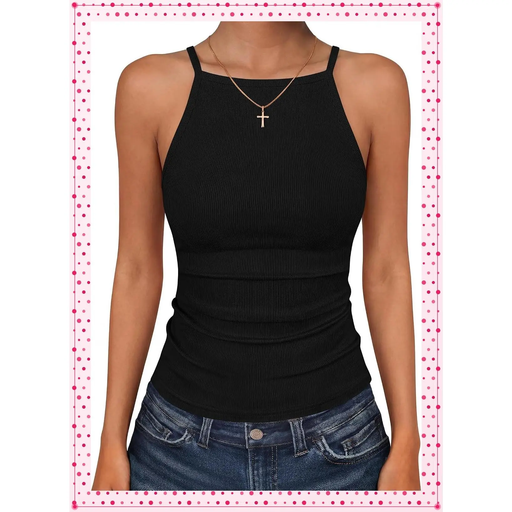 Womens Spaghetti Strap High Square Neck Sleeveless Racerback Tank Top Summer Basic TeeGift