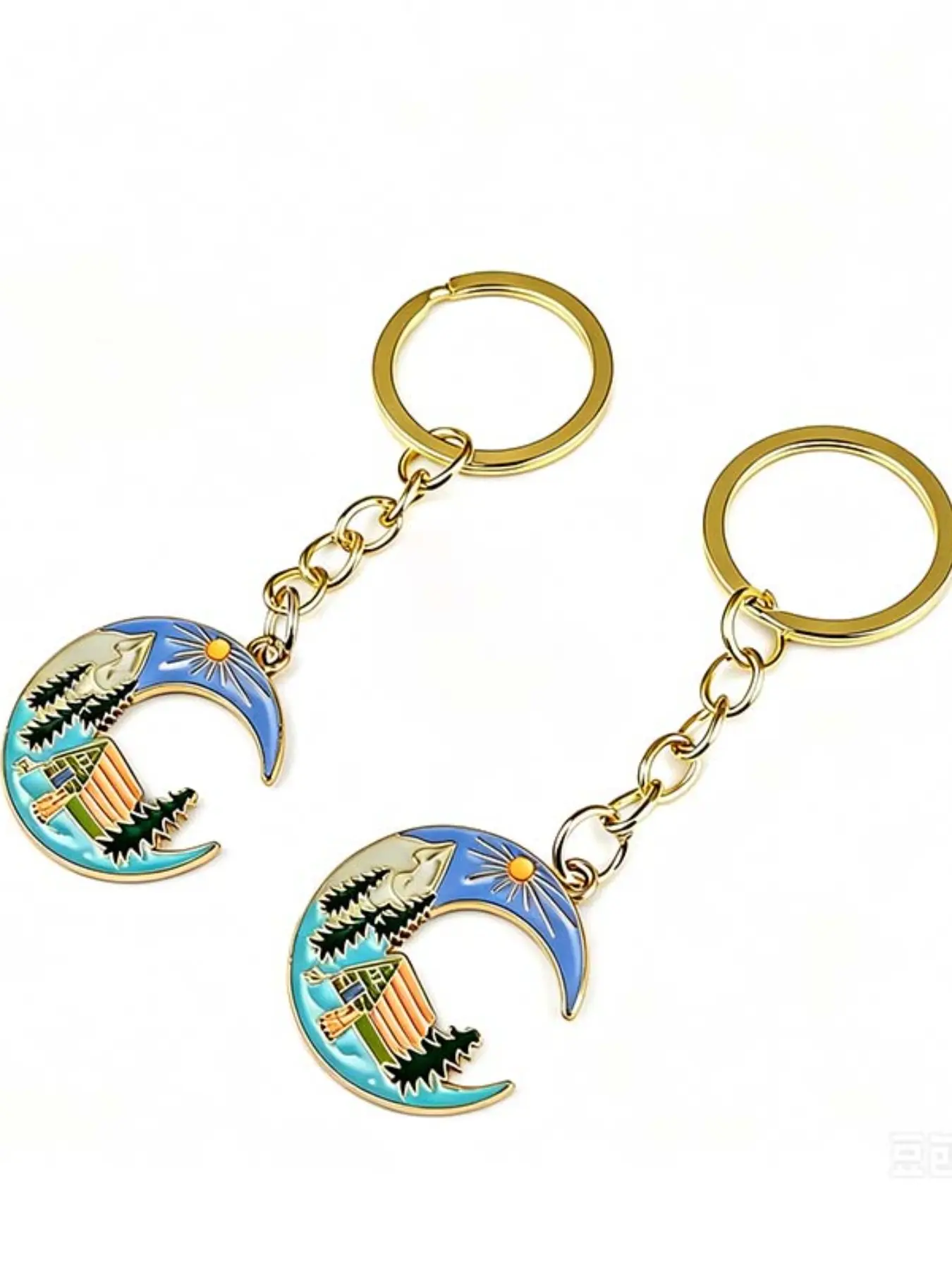 2pc Vintage Wilderness Moon Keychain, Cute Nature New Moon Enamel Key Ring, Mountain Cabin Pine Sun Pendant, Travel Theme Souvenir, Outdoor Camping Gift
