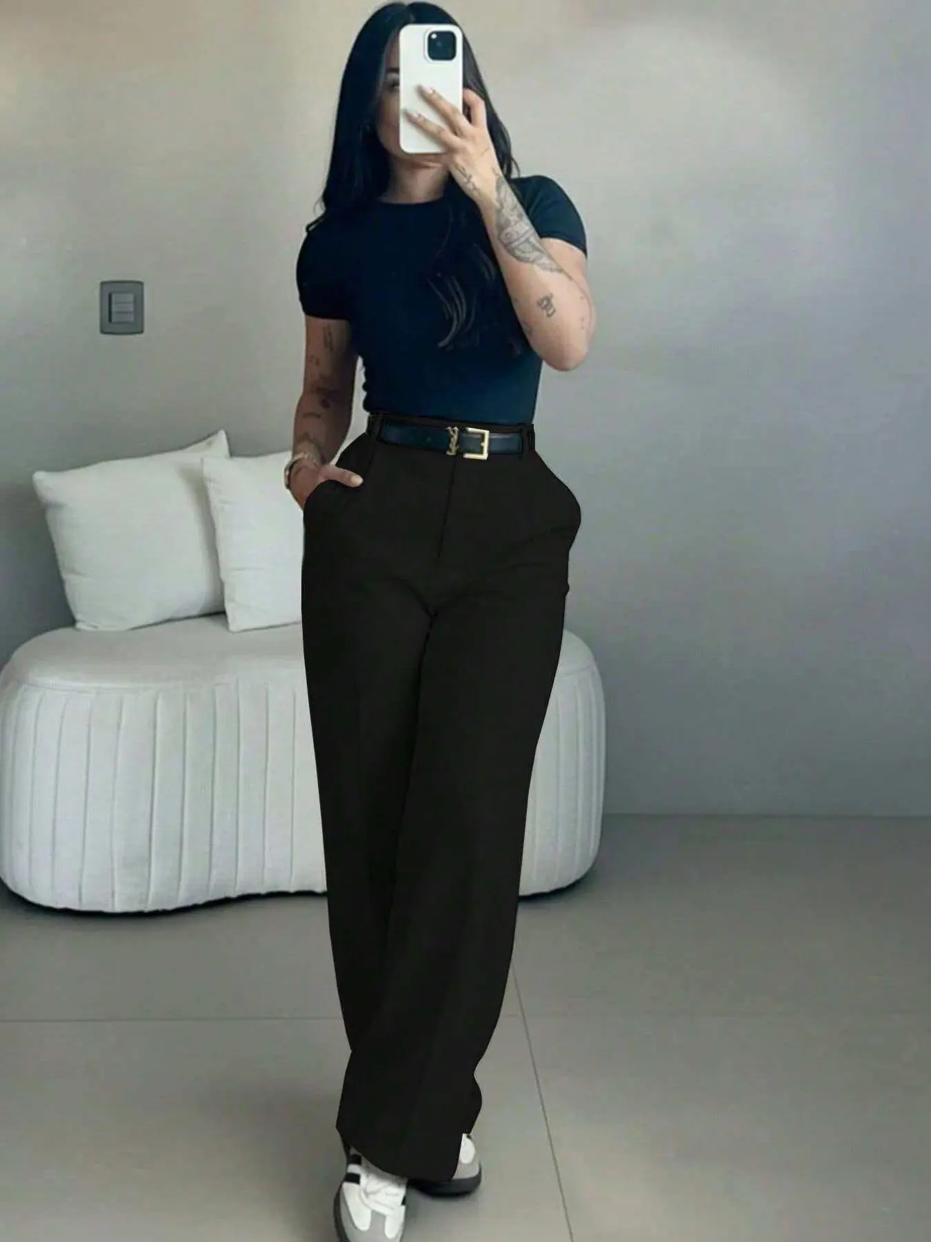 Women's High-Waisted Wide-Leg Suit Pants Slacks, Flowy Fabric, Loose Straight Fit, Slimming Leg Shape, Conceals Hip and Thigh Fat, Casual Street Style Commuter Office Wear Long Pants, Belt