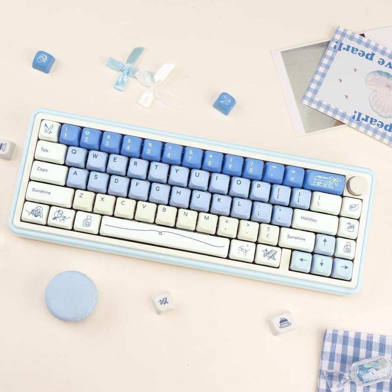 Blue White PBT Keycaps, MOA Profile, Custom Keyboard Keycap, Minimalist Style Dye Sub Keycaps, 130 Keys Anime Keycap Set for Cherry Gateron MX Switches Gaming Keyboard